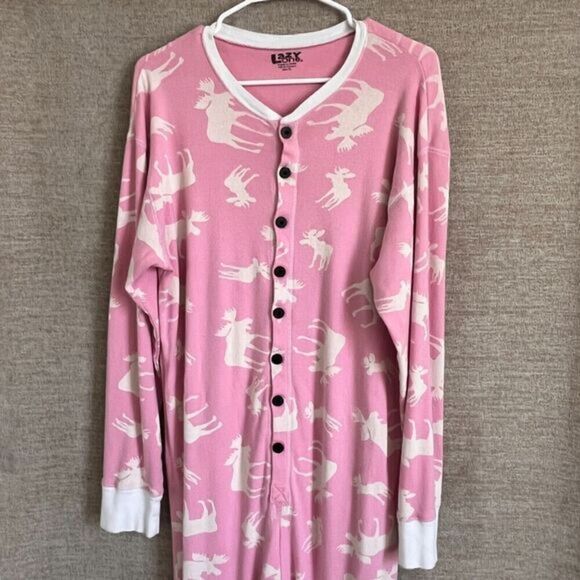 Lazy One Womens Pajamas One Piece Jumpsuit Pink XL Moose Print Flap Jack Cotton - Picture 3 of 14